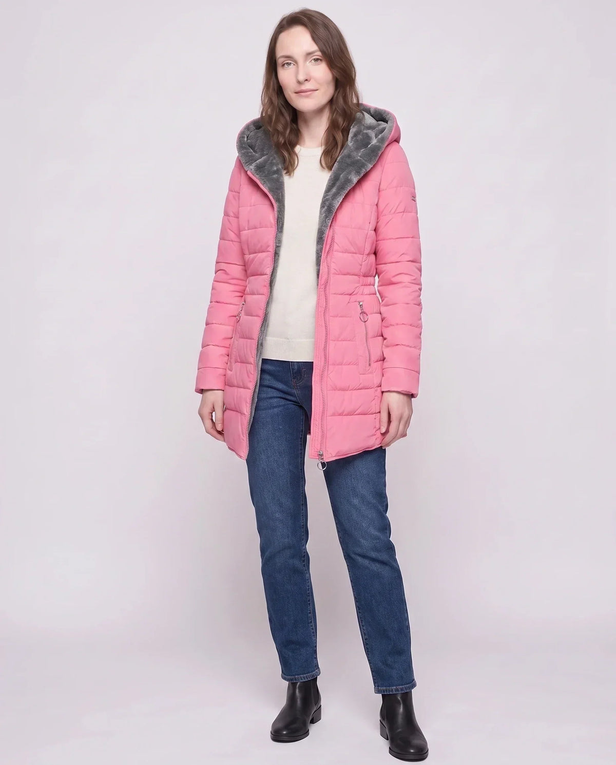 Mid-Length Fleece-Lined Puffer Jacket with Hood
