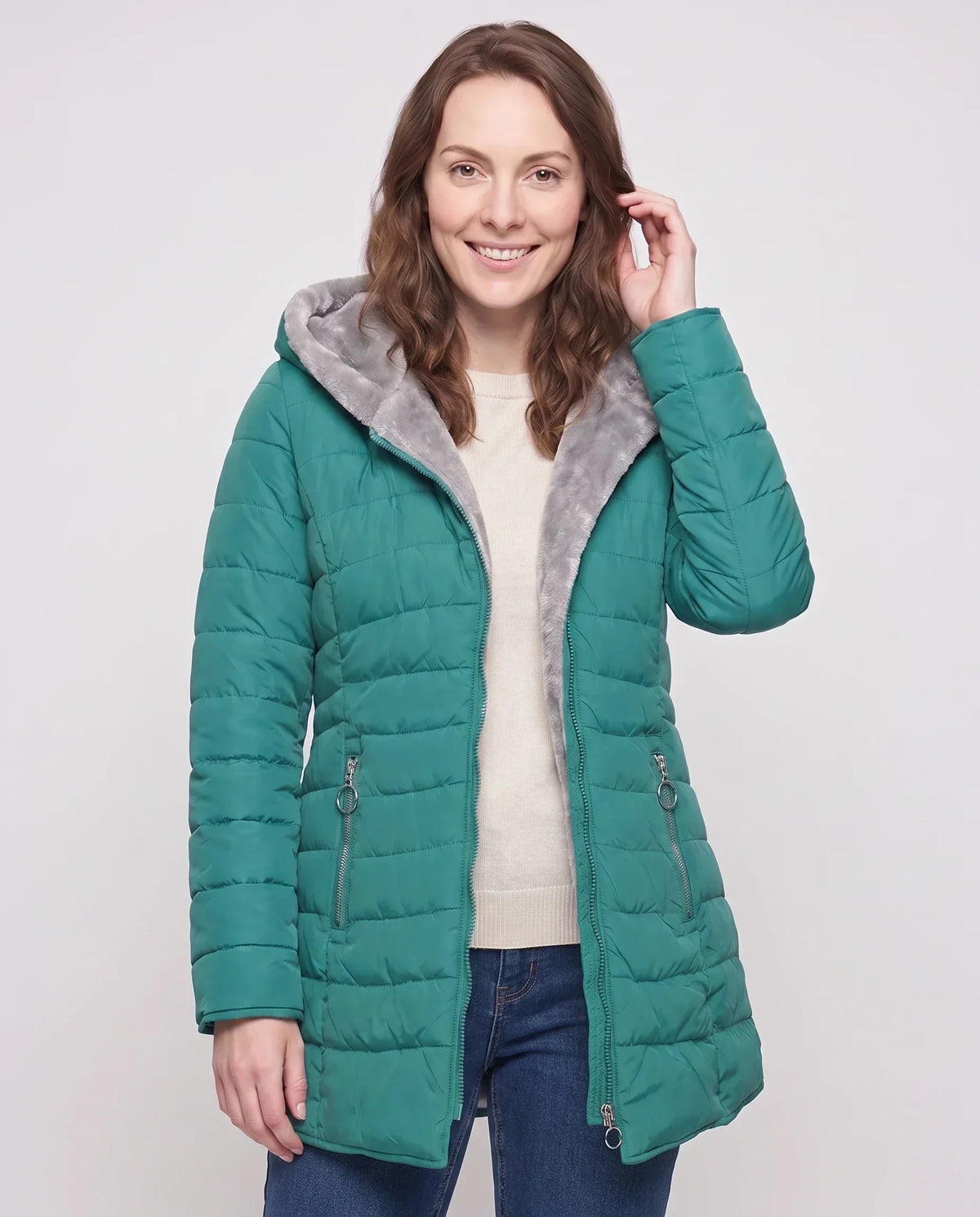 Mid-Length Fleece-Lined Puffer Jacket with Hood