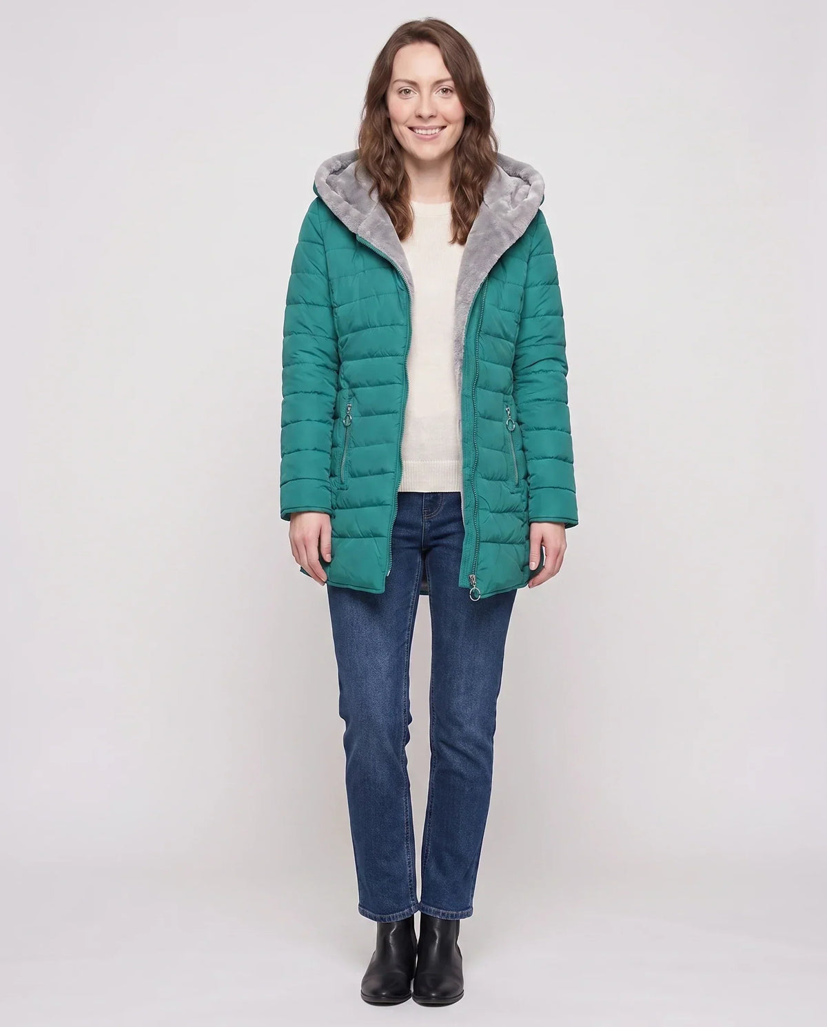 Mid-Length Fleece-Lined Puffer Jacket with Hood