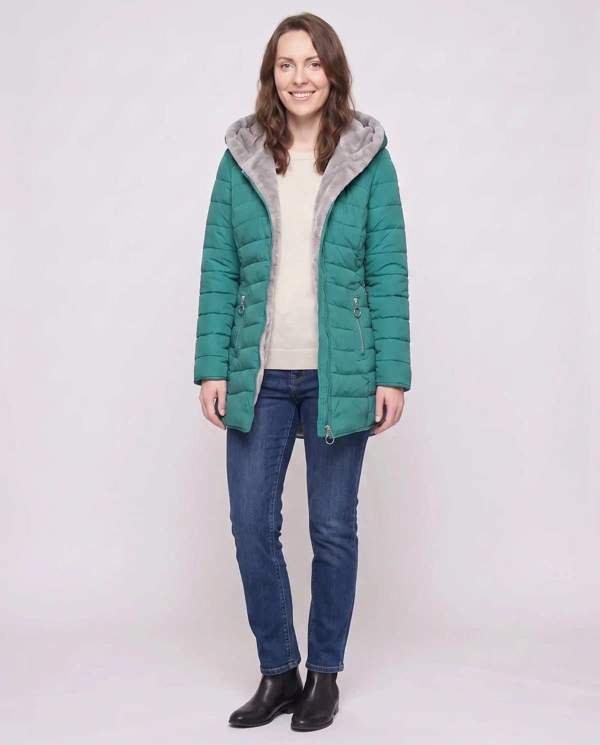 Mid-Length Fleece-Lined Puffer Jacket with Hood
