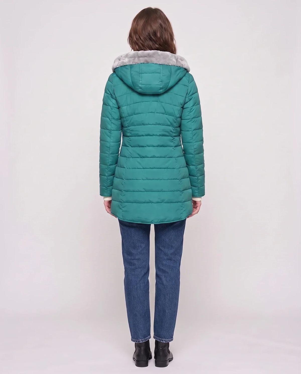 Mid-Length Fleece-Lined Puffer Jacket with Hood