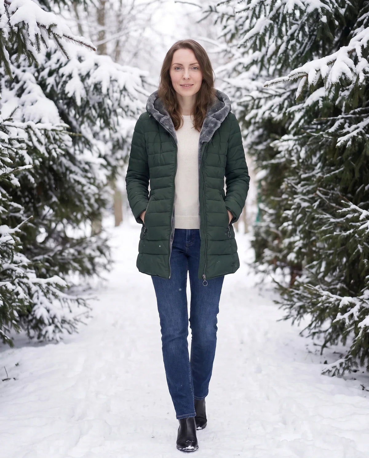 Mid-Length Fleece-Lined Puffer Jacket with Hood