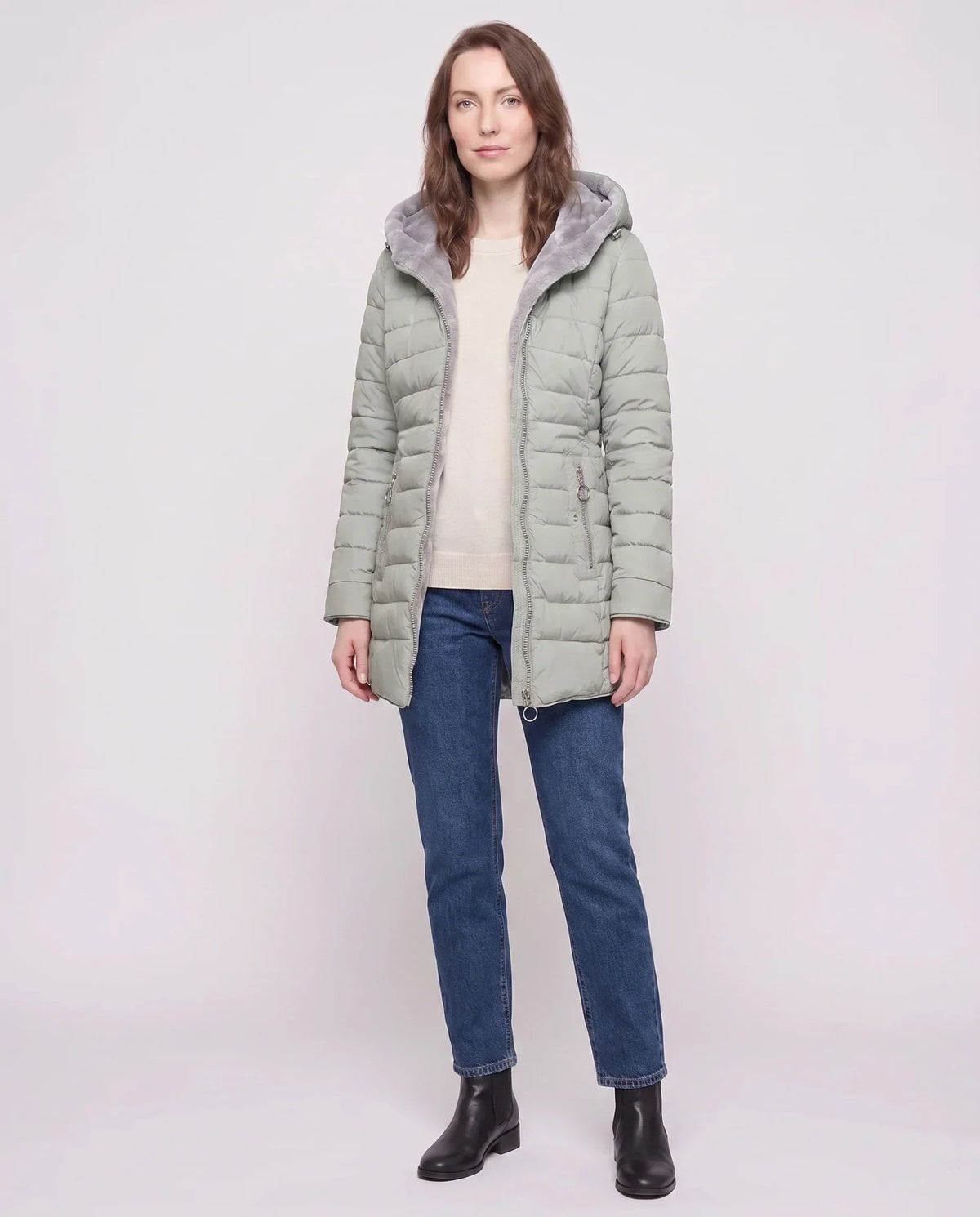 Mid-Length Fleece-Lined Puffer Jacket with Hood