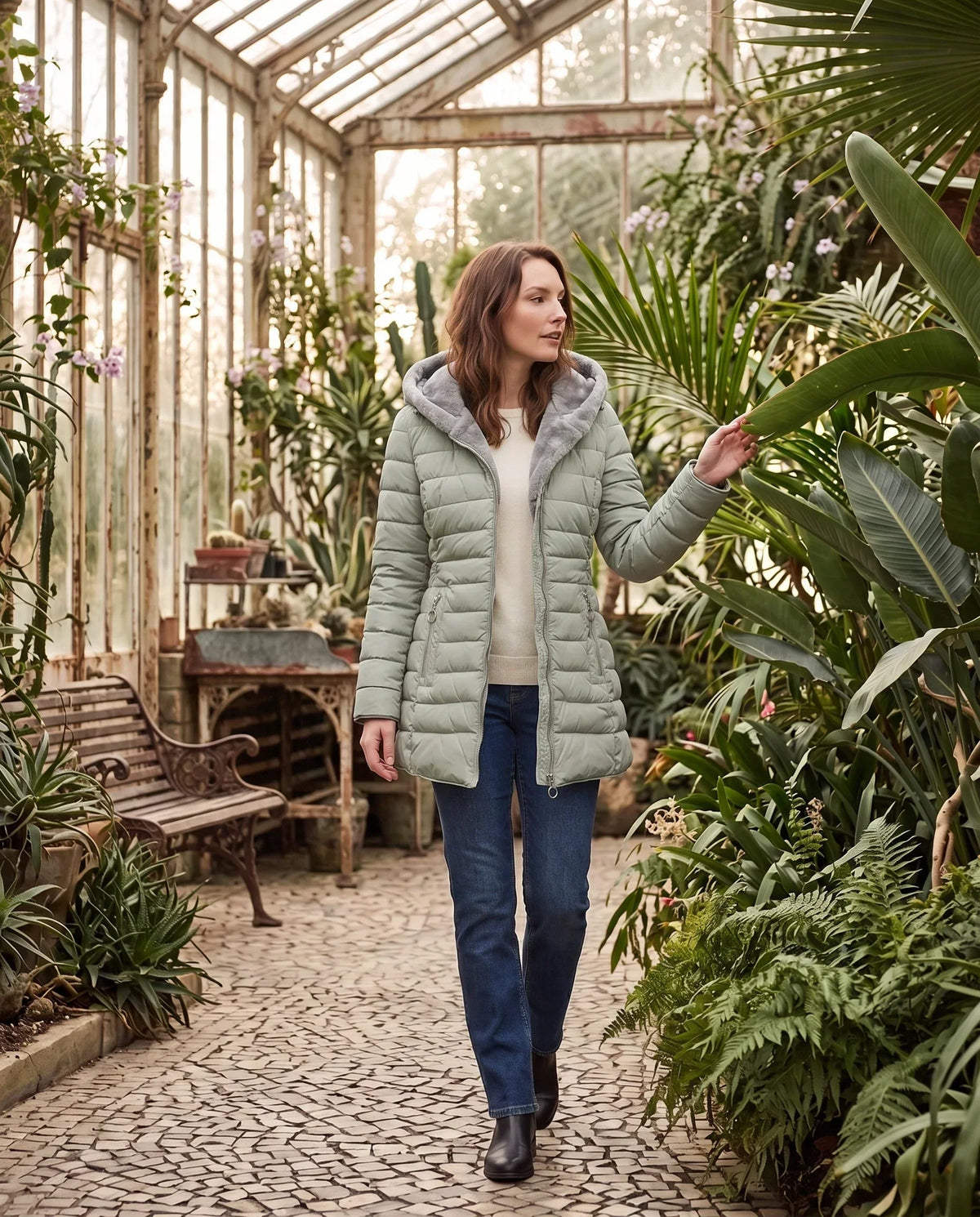 Mid-Length Fleece-Lined Puffer Jacket with Hood