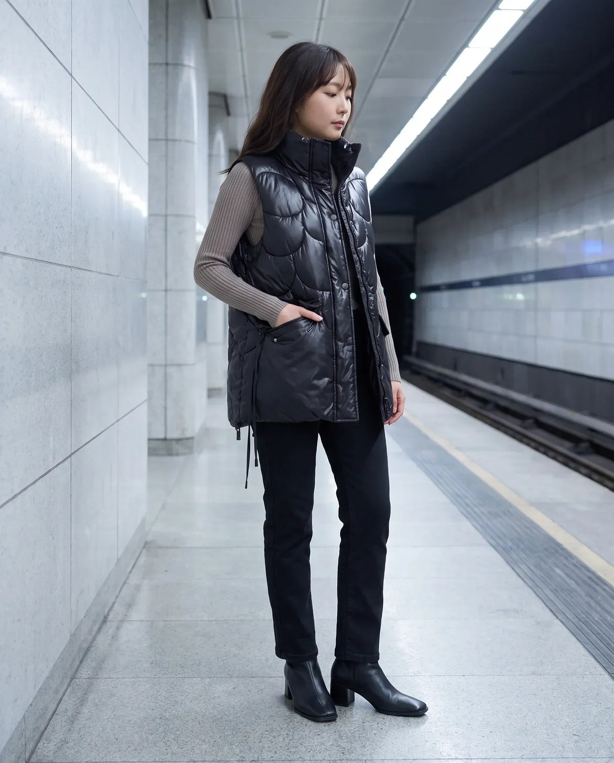 Shiny Puffer Gilet with Funnel Collar