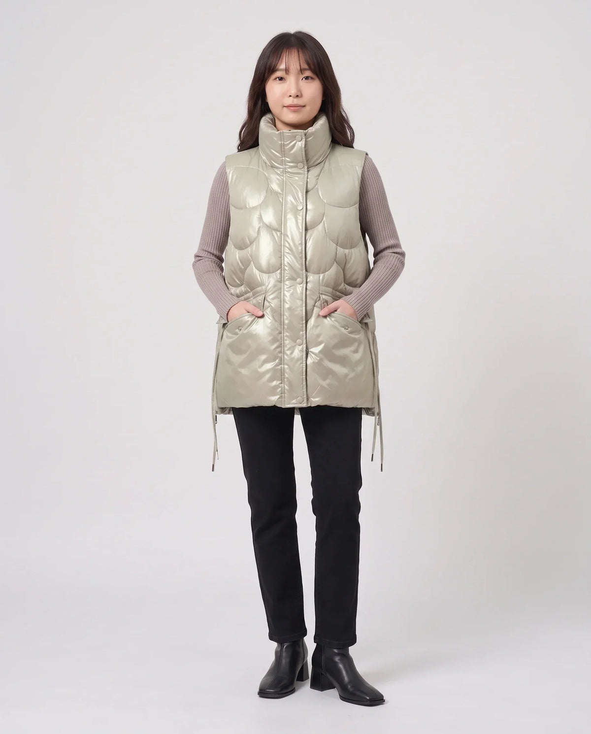 Shiny Puffer Gilet with Funnel Collar