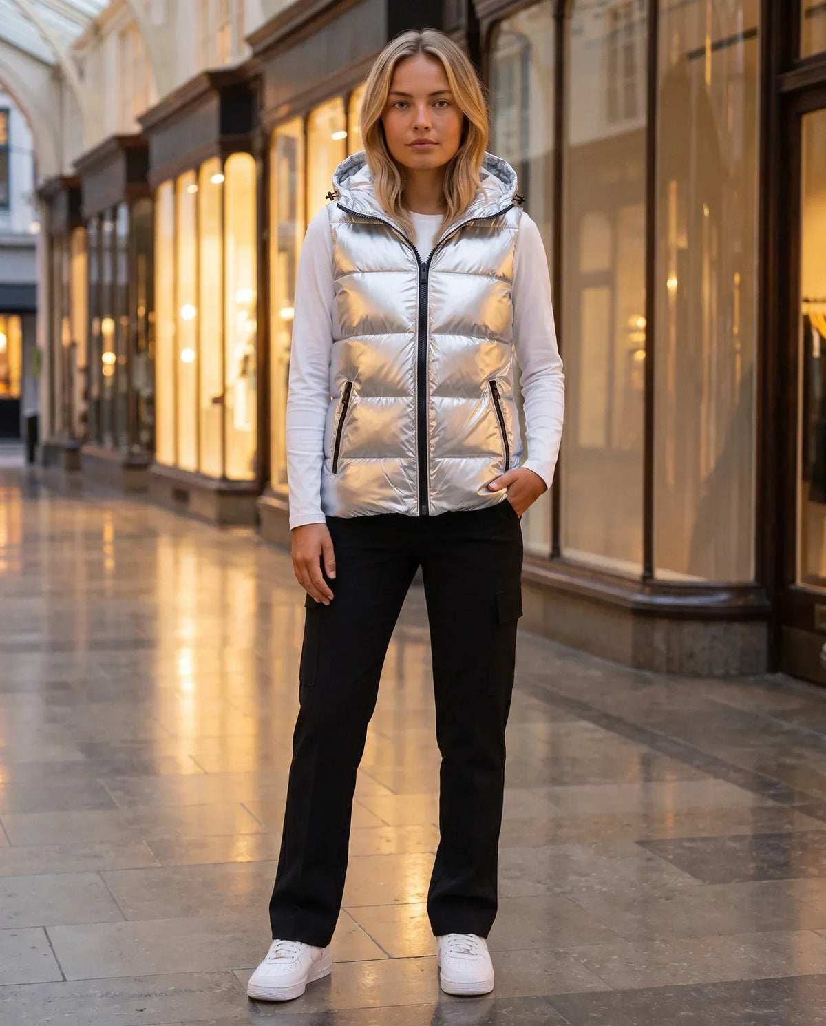 Metallic Hooded Puffer Gilet
