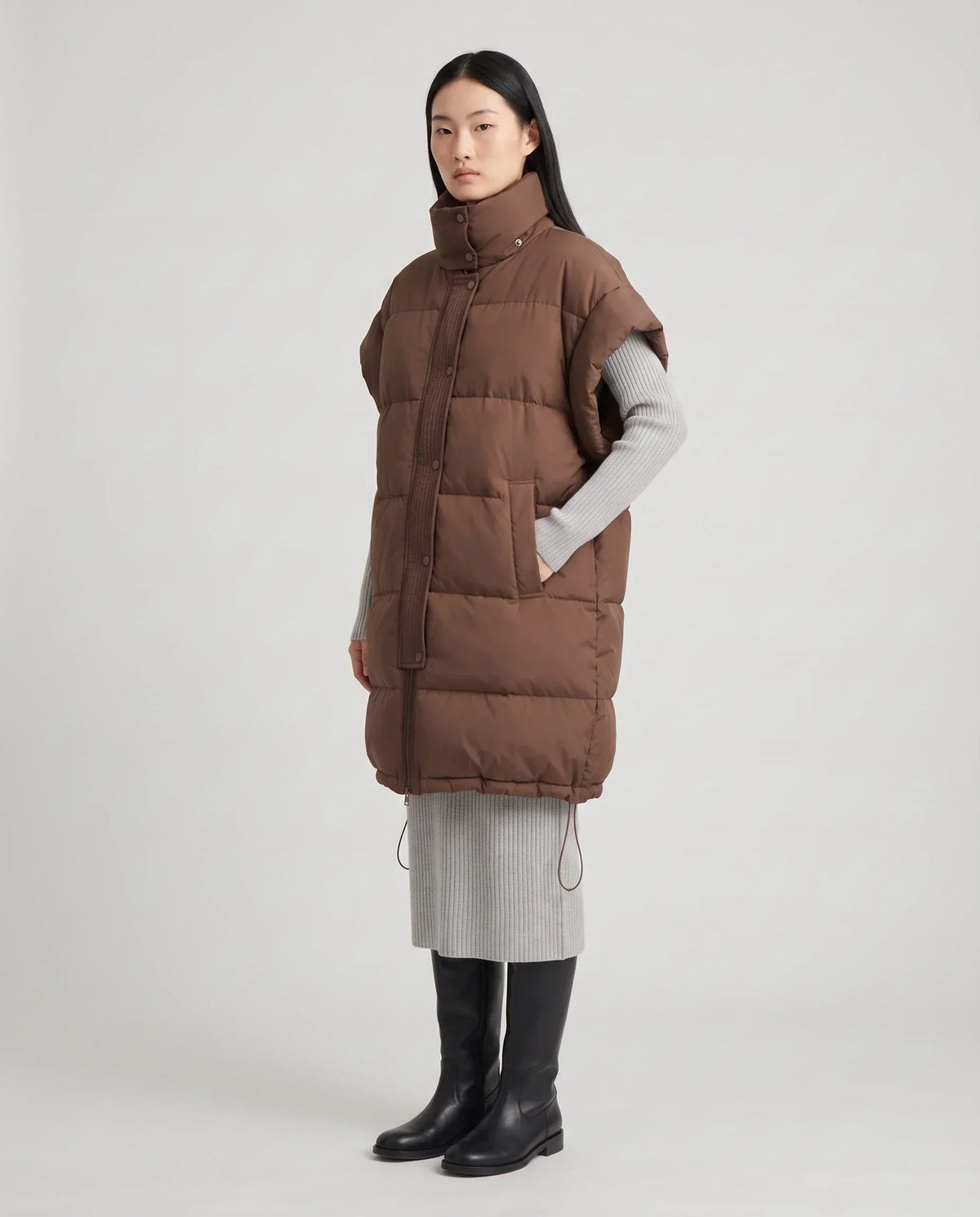 Long Oversized Sleeveless Puffer Gilet with Pleated Placket