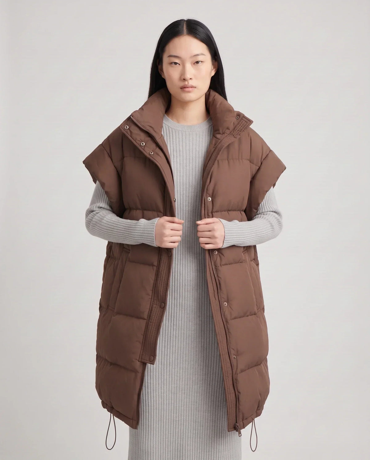Long Oversized Sleeveless Puffer Gilet with Pleated Placket