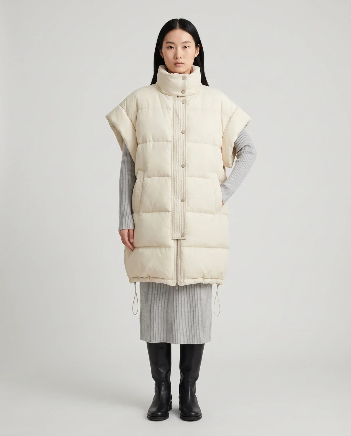 Long Oversized Sleeveless Puffer Gilet with Pleated Placket