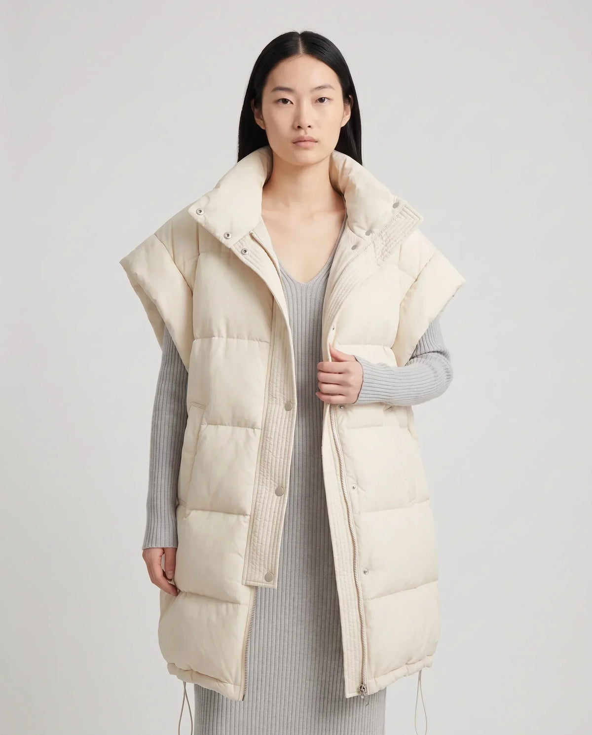 Long Oversized Sleeveless Puffer Gilet with Pleated Placket
