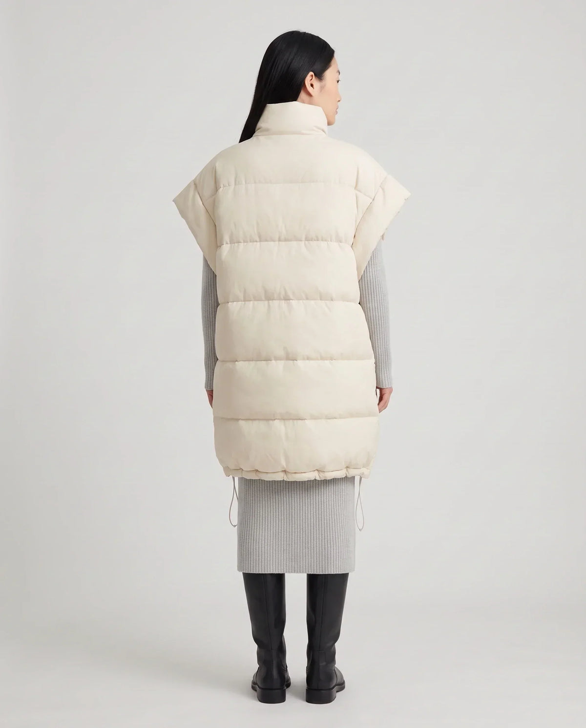 Long Oversized Sleeveless Puffer Gilet with Pleated Placket