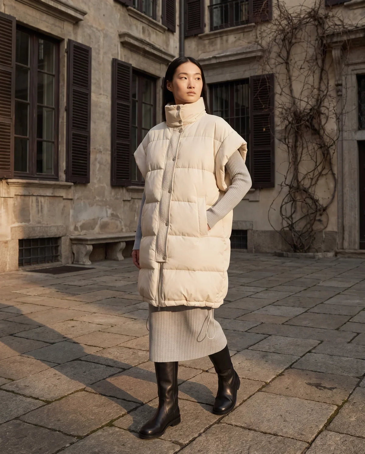 Long Oversized Sleeveless Puffer Gilet with Pleated Placket