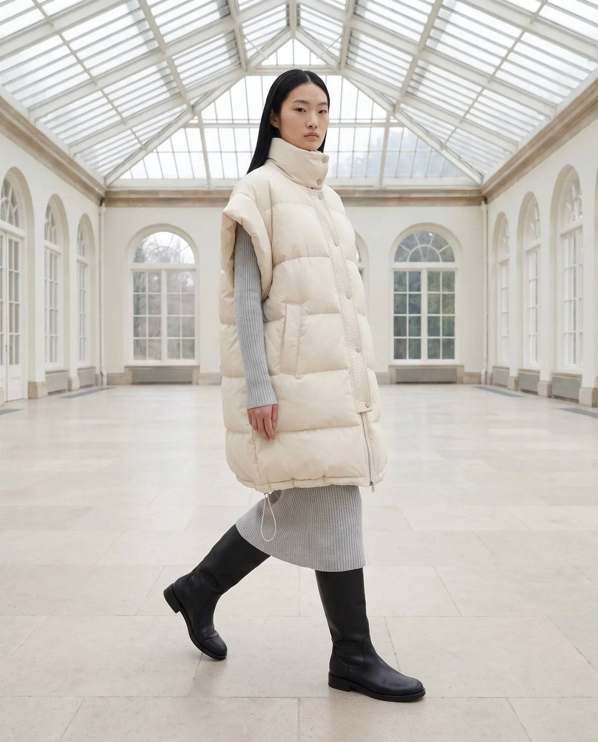 Long Oversized Sleeveless Puffer Gilet with Pleated Placket