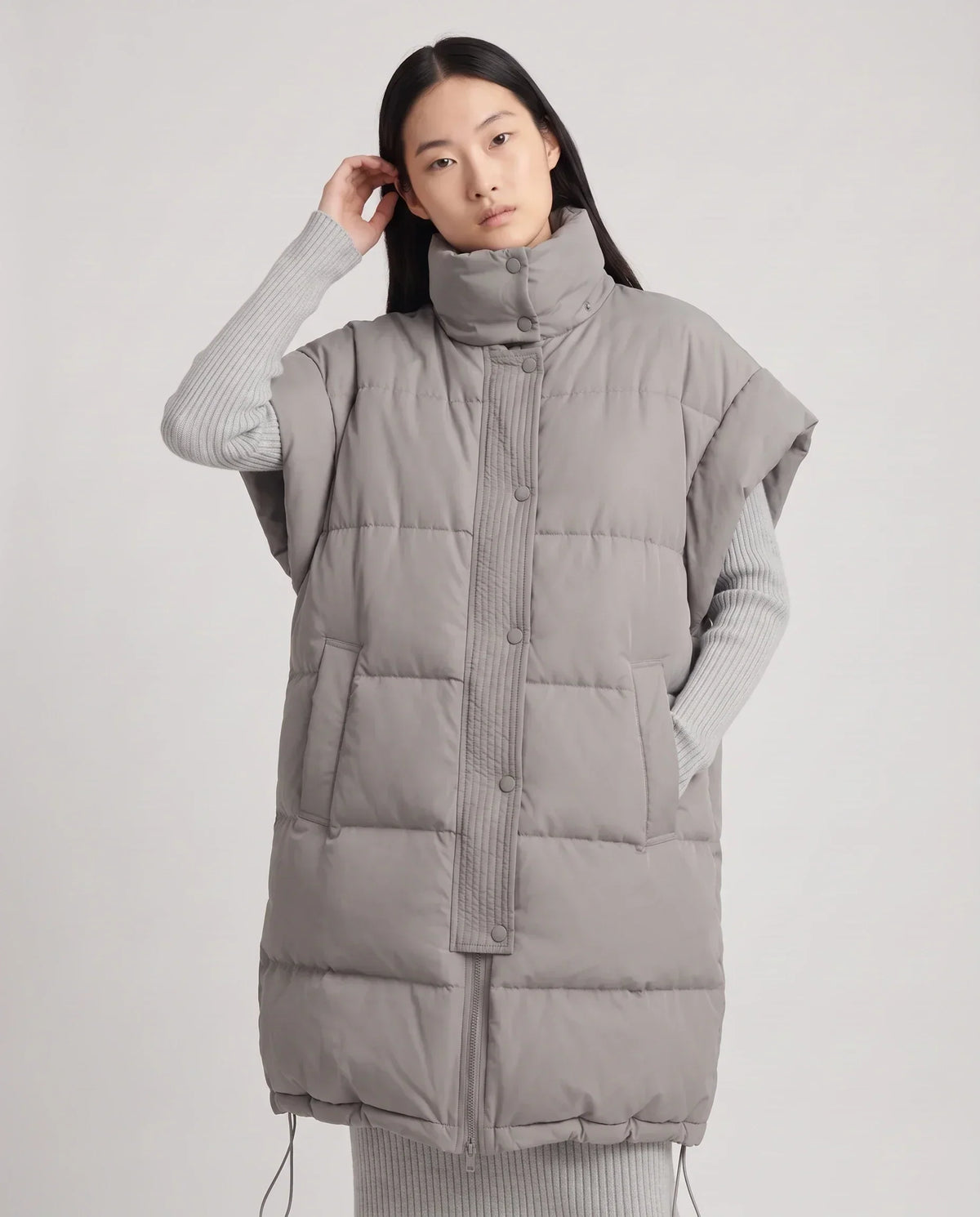 Long Oversized Sleeveless Puffer Gilet with Pleated Placket