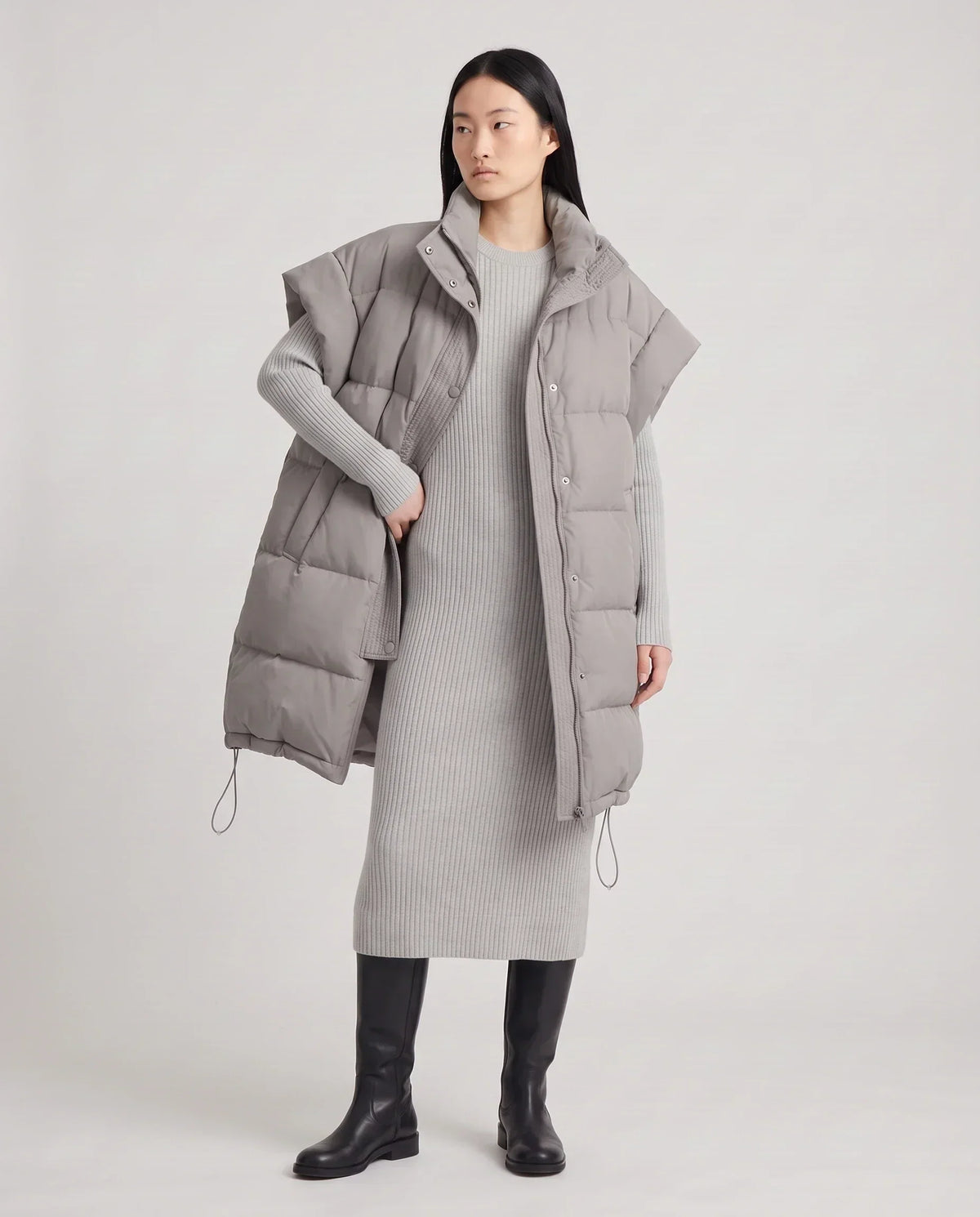 Long Oversized Sleeveless Puffer Gilet with Pleated Placket