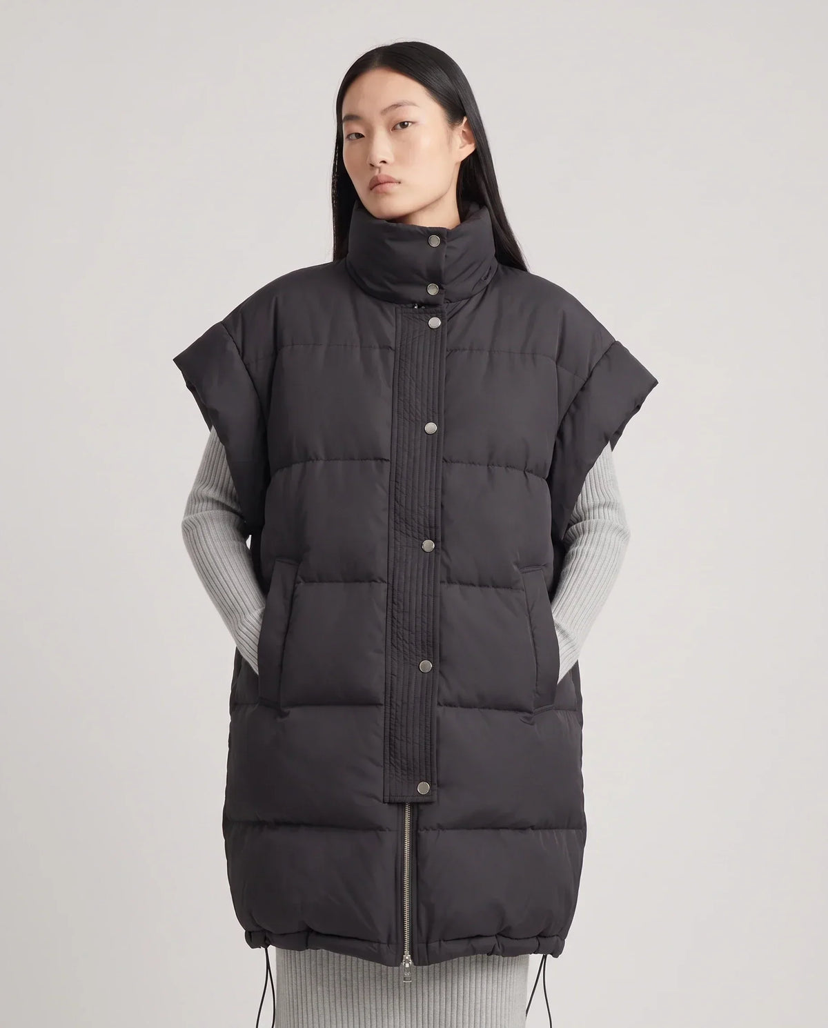 Long Oversized Sleeveless Puffer Gilet with Pleated Placket