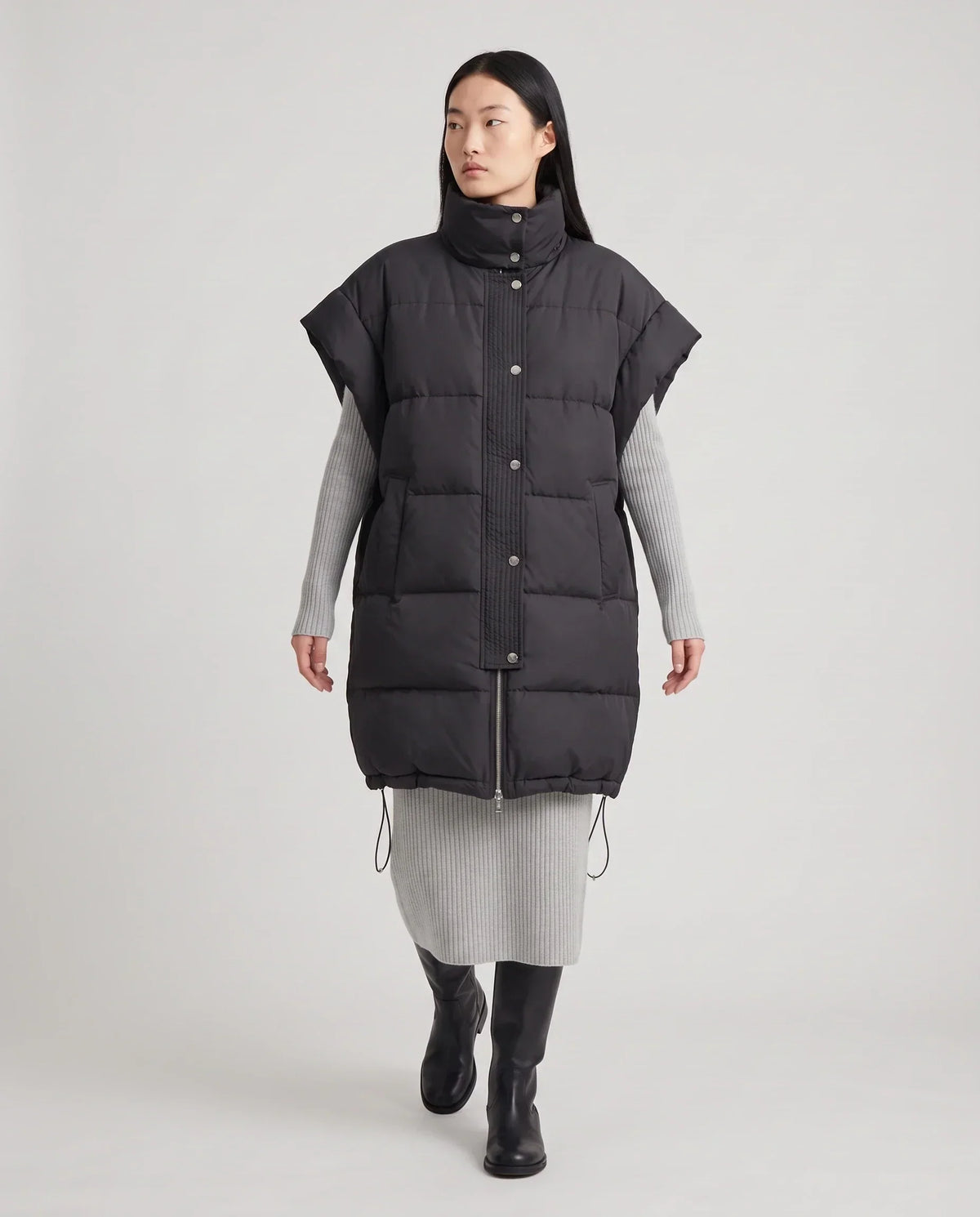 Long Oversized Sleeveless Puffer Gilet with Pleated Placket