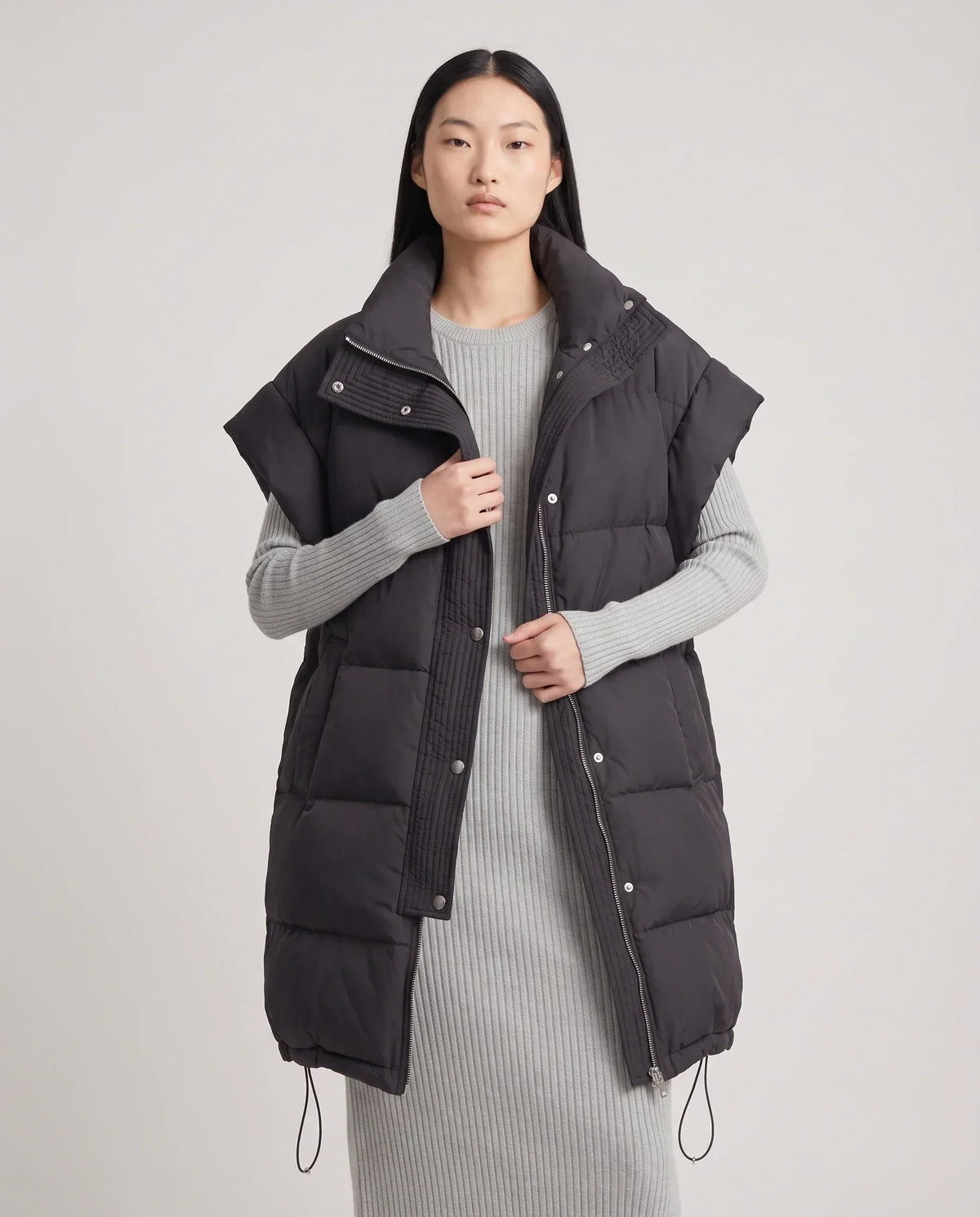 Long Oversized Sleeveless Puffer Gilet with Pleated Placket