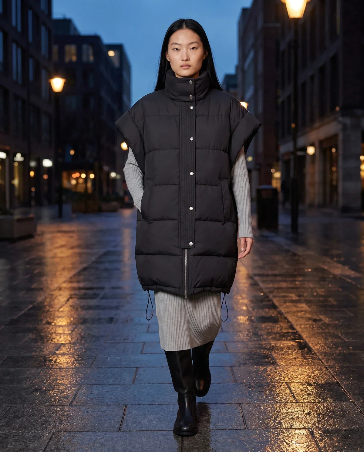 Long Oversized Sleeveless Puffer Gilet with Pleated Placket