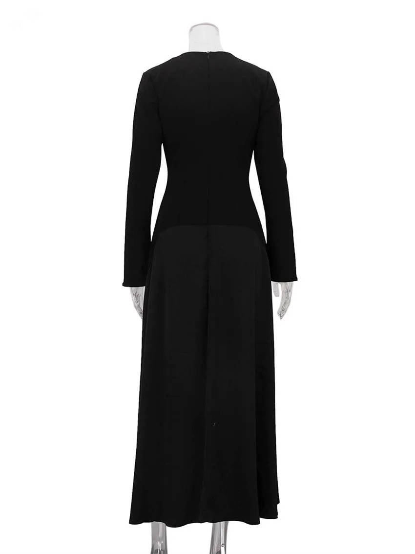 Women's Black Long Sleeve Maxi Dress | Knit & Satin