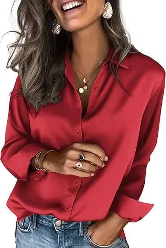 Women's Satin Button-Up Shirt | Long Sleeve Business Blouse