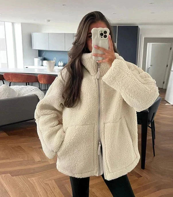 Women's Oversized Borg Fleece Jacket | Funnel Neck