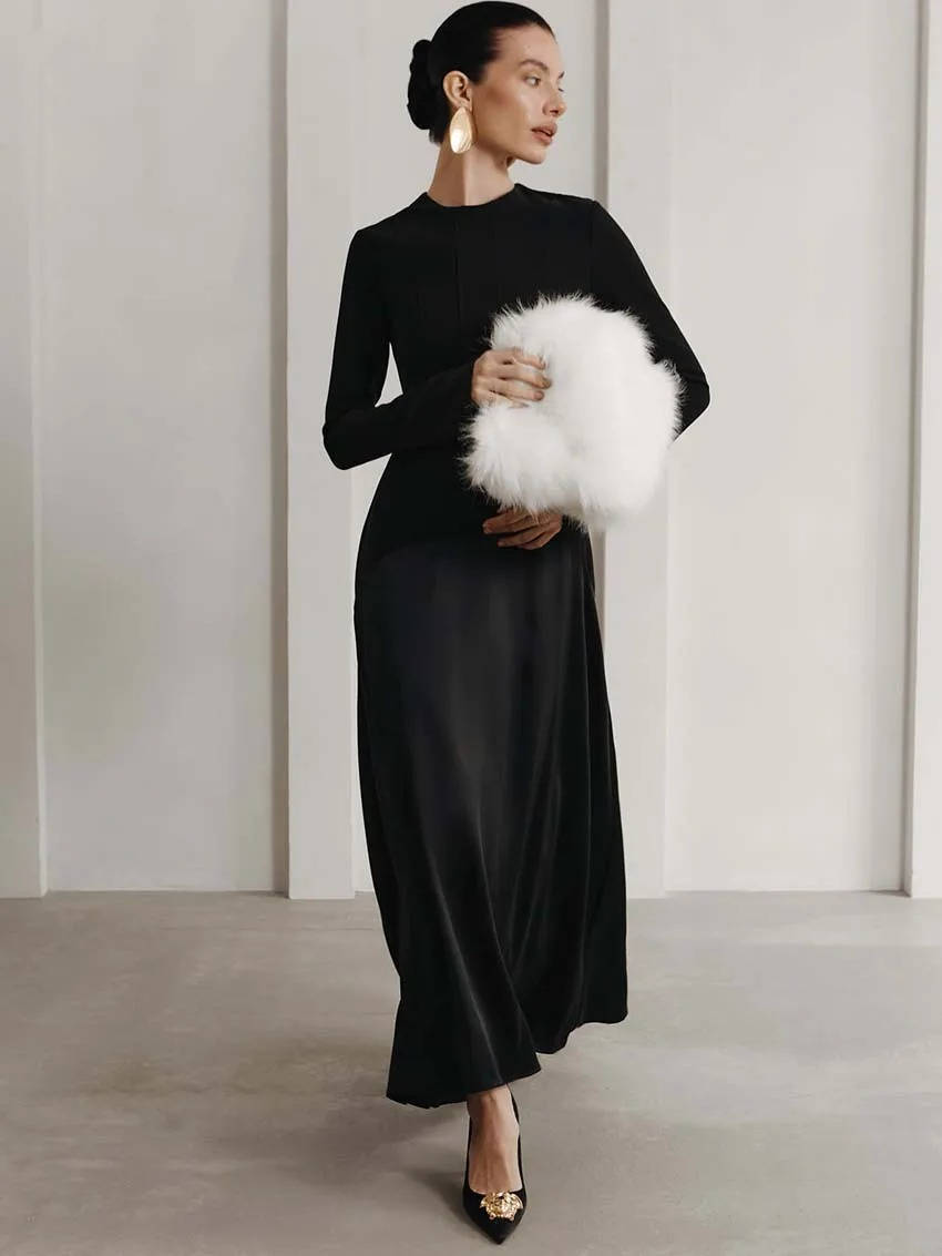 Women's Black Long Sleeve Maxi Dress | Knit & Satin