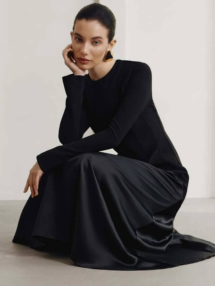 Women's Black Long Sleeve Maxi Dress | Knit & Satin