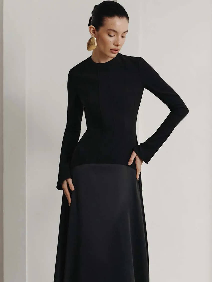 Women's Black Long Sleeve Maxi Dress | Knit & Satin
