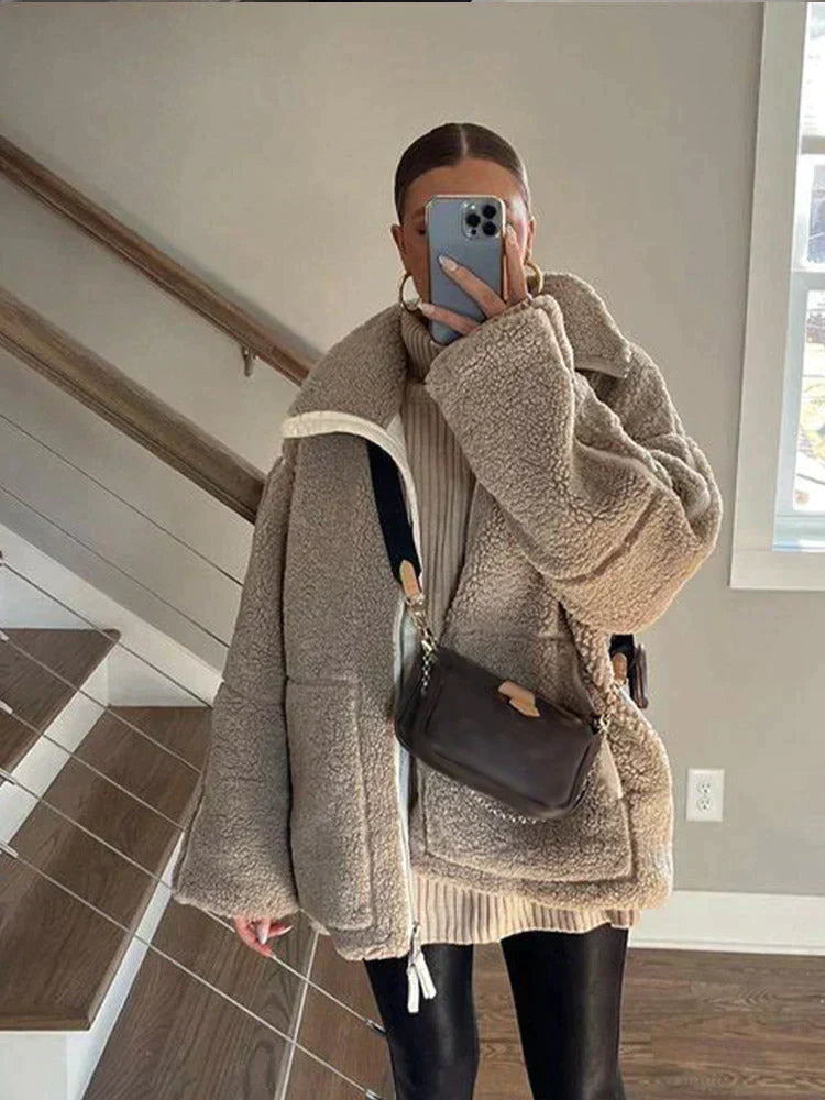 Women's Oversized Borg Fleece Jacket | Funnel Neck