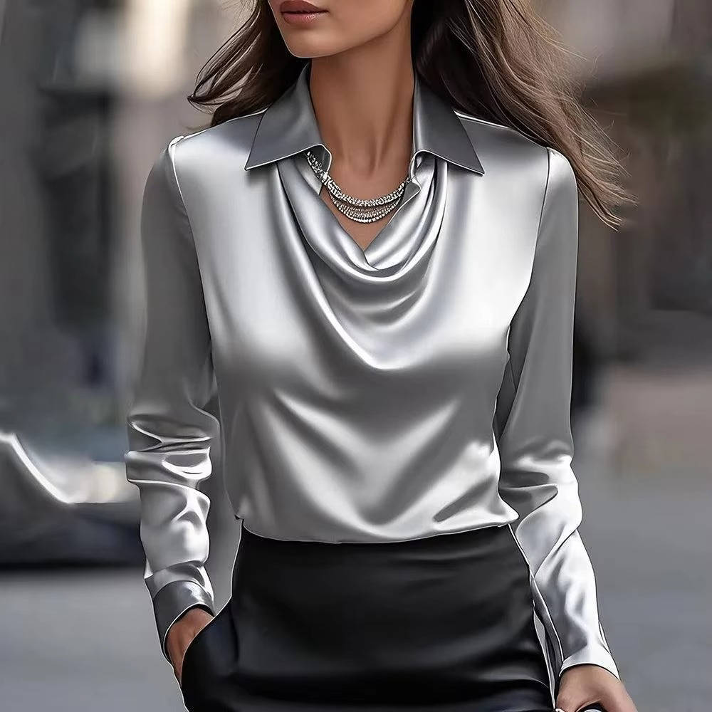 Women's Satin Cowl Neck Long Sleeve Blouse