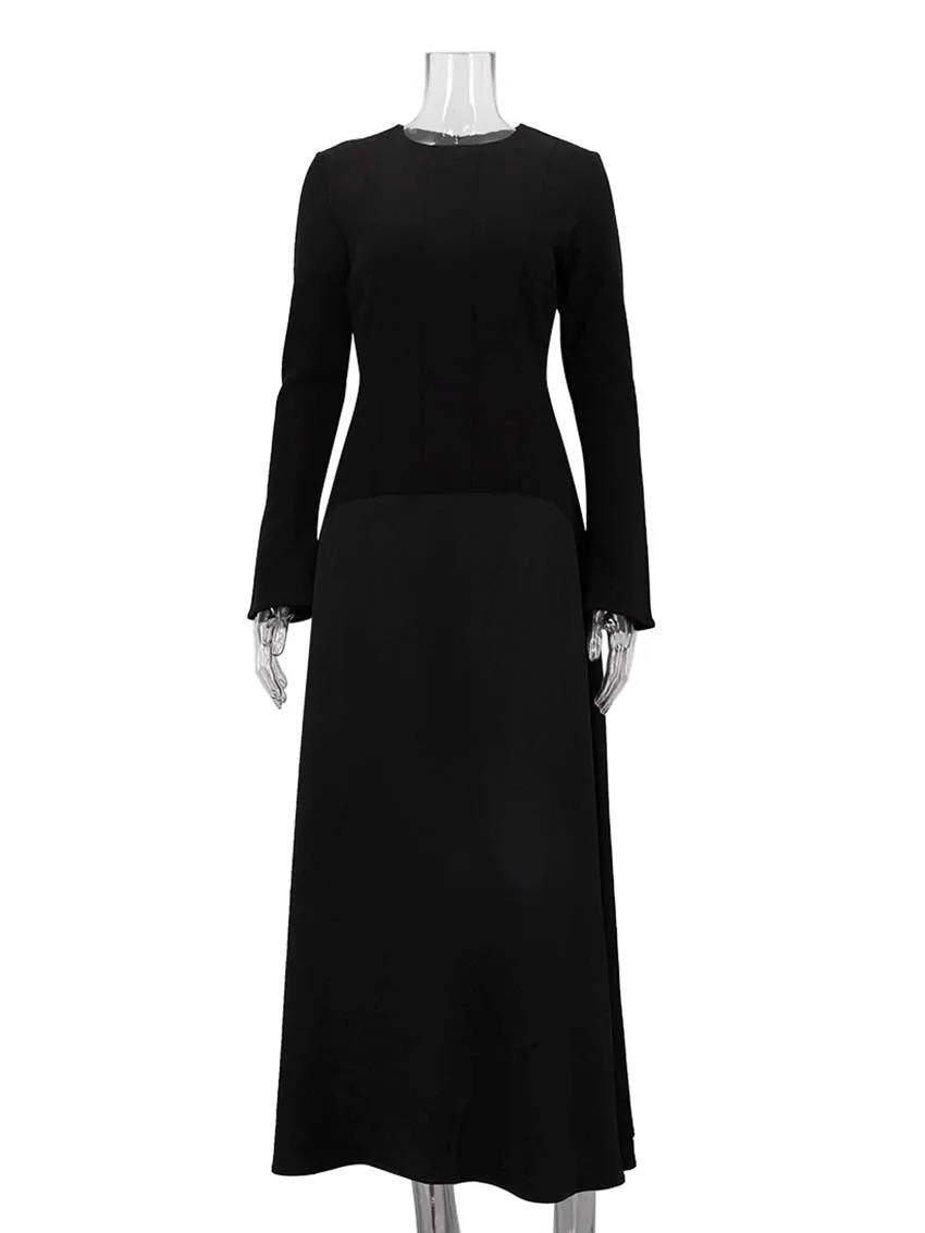Women's Black Long Sleeve Maxi Dress | Knit & Satin
