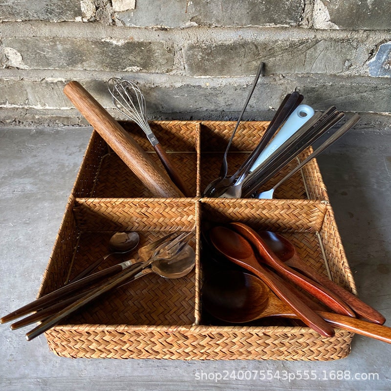 Drawer Organizer with Four Compartments Woven Seagrass Kitchen Utensil Storage Tray