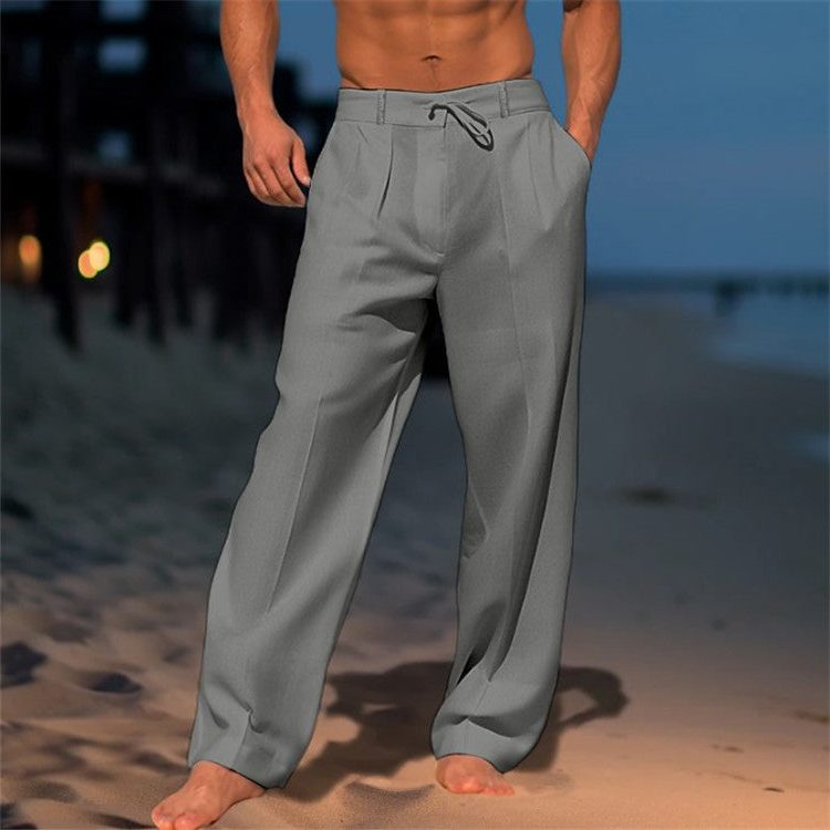 Drawstring Linen Straight Leg Trousers for Men