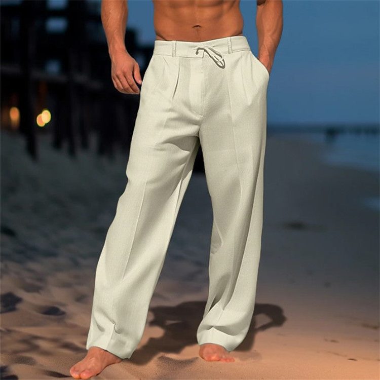 Drawstring Linen Straight Leg Trousers for Men