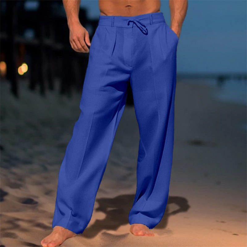 Drawstring Linen Straight Leg Trousers for Men