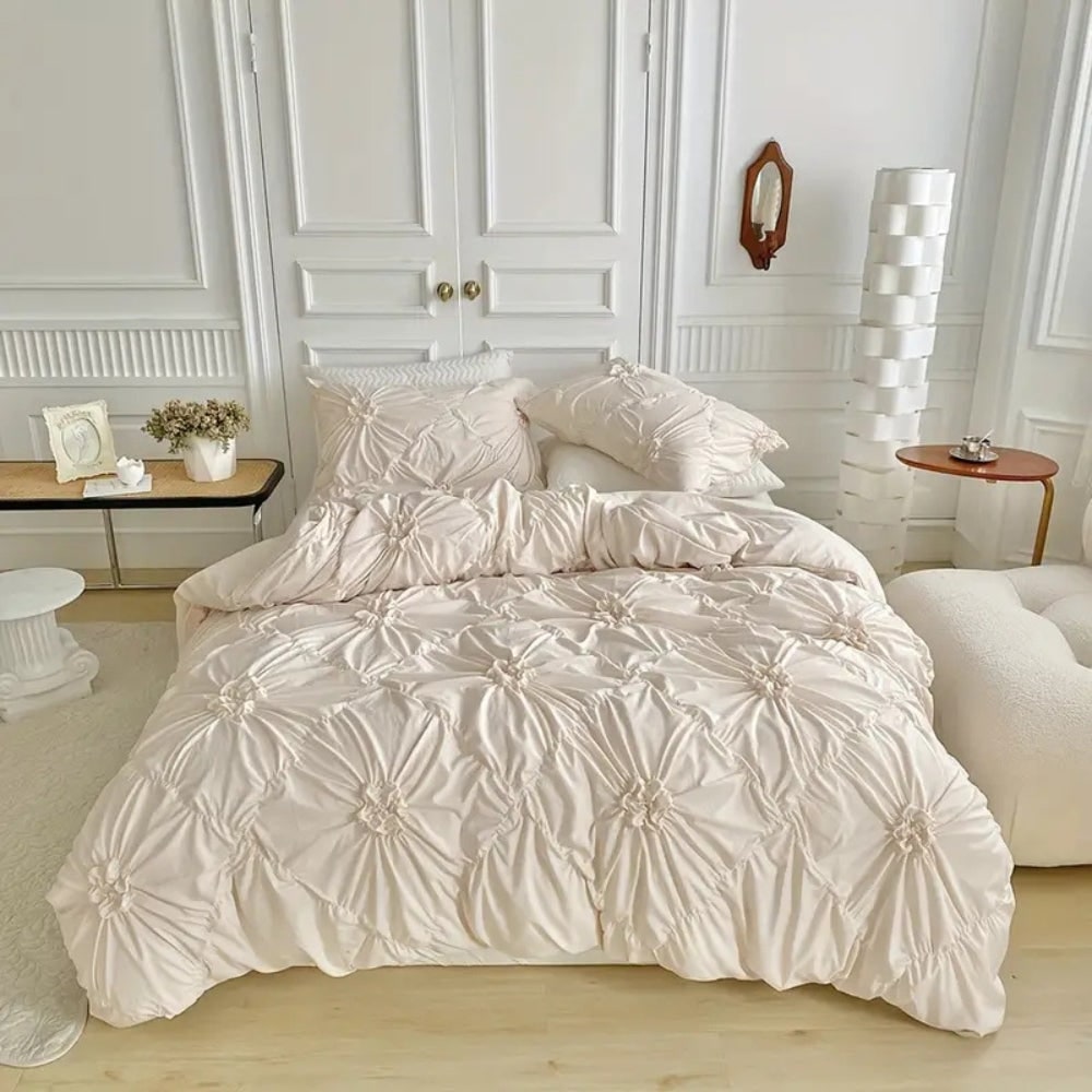 Duvet Cover Set with Pinch Pleat Ruffle Flower Design Microfiber Textured