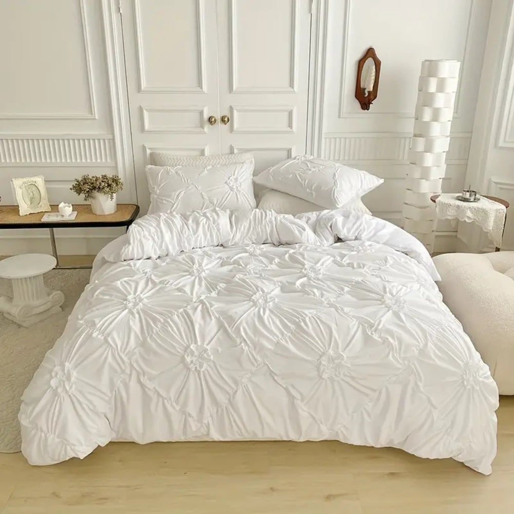 Duvet Cover Set with Pinch Pleat Ruffle Flower Design Microfiber Textured