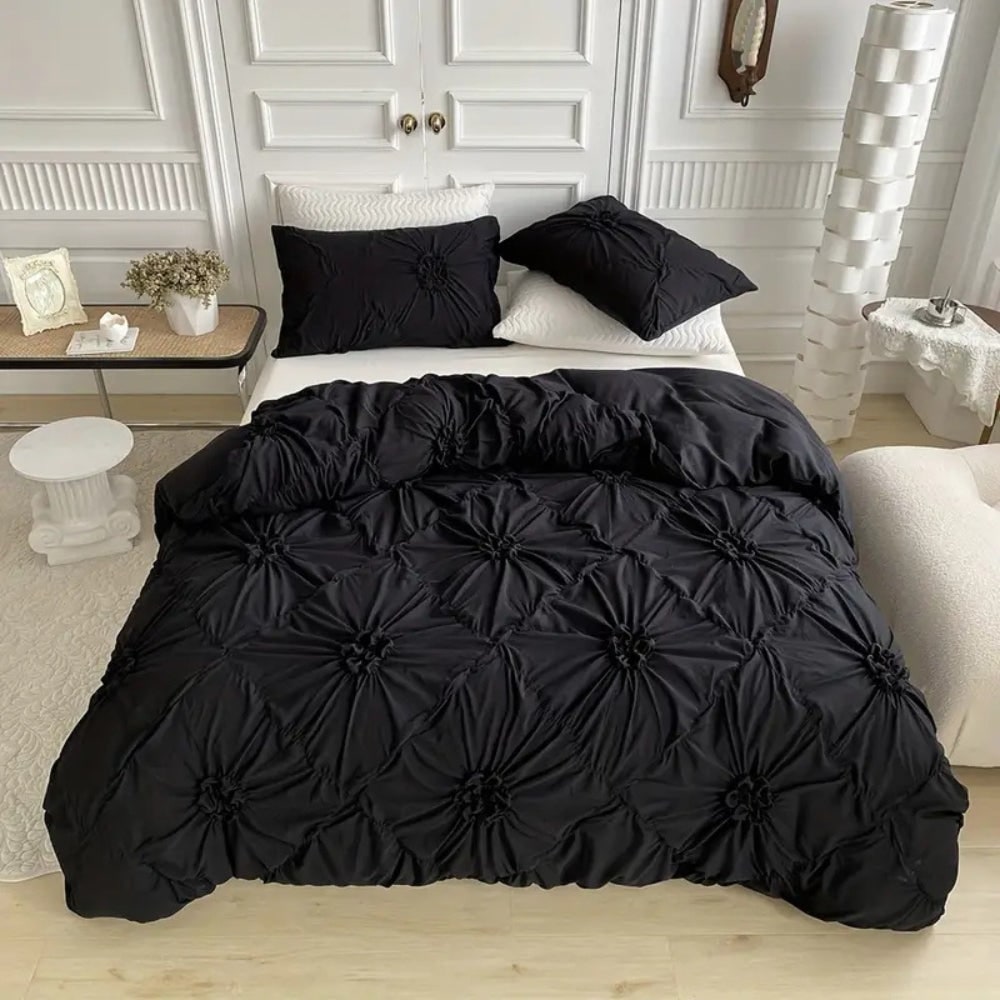 Duvet Cover Set with Pinch Pleat Ruffle Flower Design Microfiber Textured
