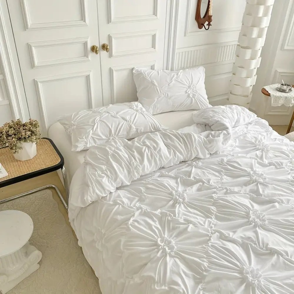 Duvet Cover Set with Pinch Pleat Ruffle Flower Design Microfiber Textured