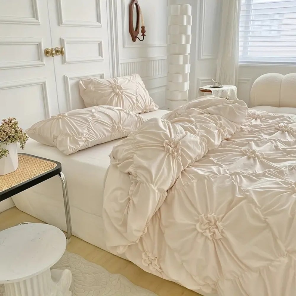 Duvet Cover Set with Pinch Pleat Ruffle Flower Design Microfiber Textured