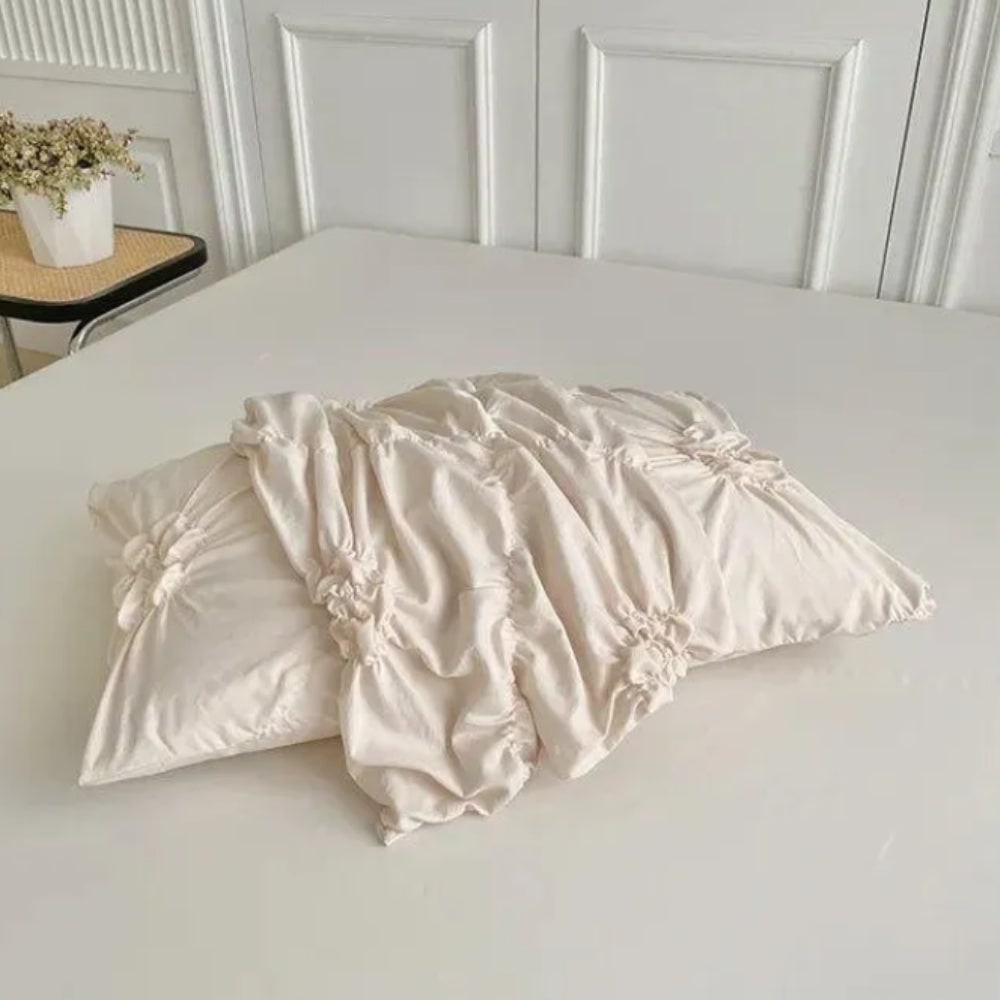 Duvet Cover Set with Pinch Pleat Ruffle Flower Design Microfiber Textured