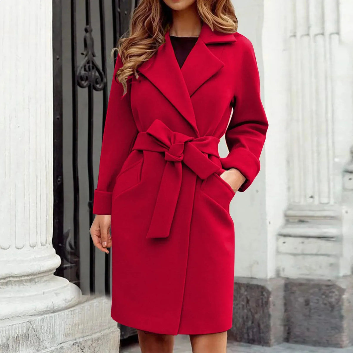 Women's Belted Wool Blend Coat with Wide Lapels – Elegant Tailored Outerwear for Autumn and Office Wear