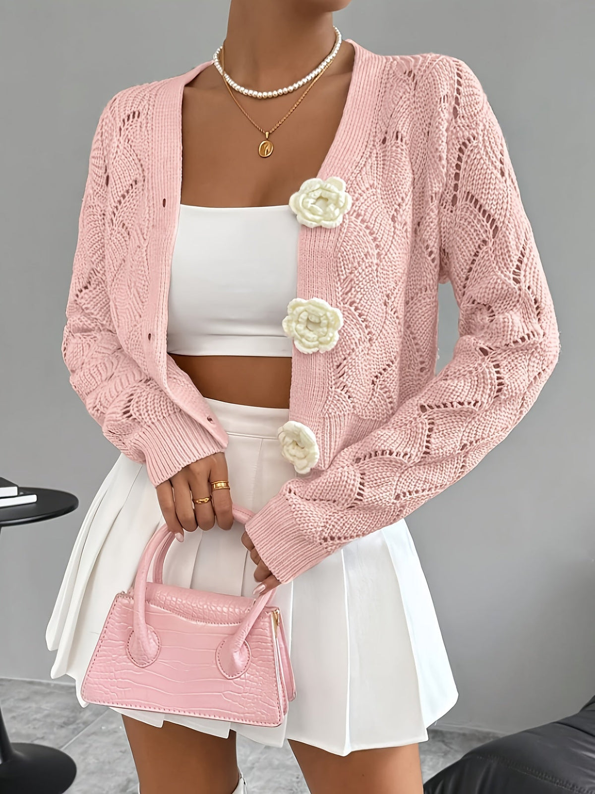 Heidi | Crochet Knit 3D Floral Buttons Cardigan