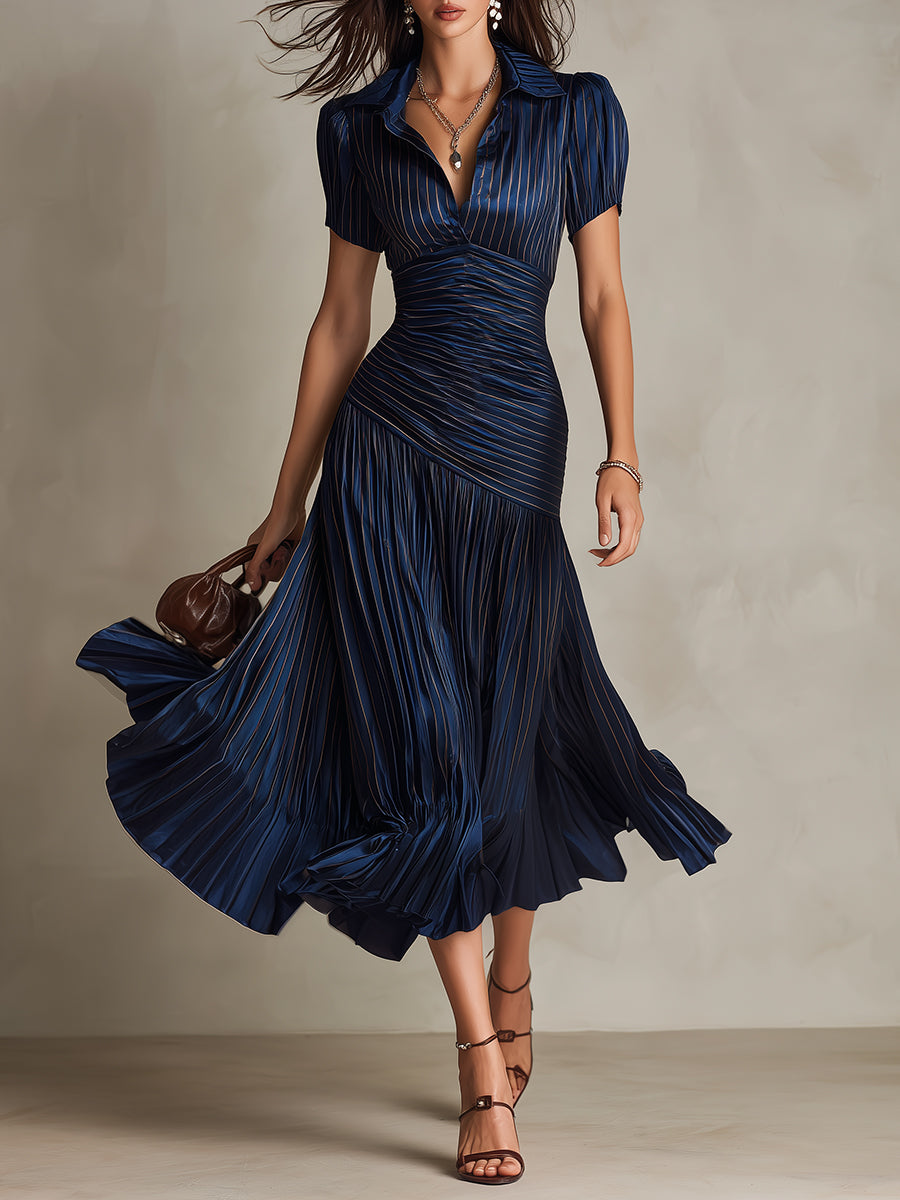 Adriana - Short Sleeve Pleated Retro Striped Satin Midi Dress