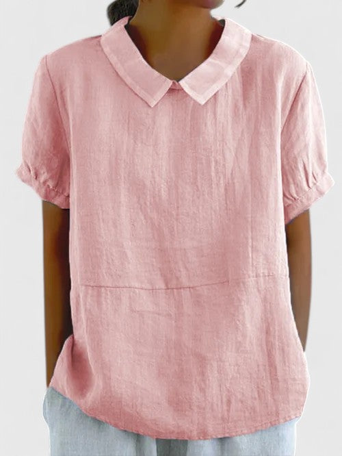 Women's Relaxed Short Sleeve Blouse – Casual Collared Pullover Top with Textured Fabric for Spring and Summer