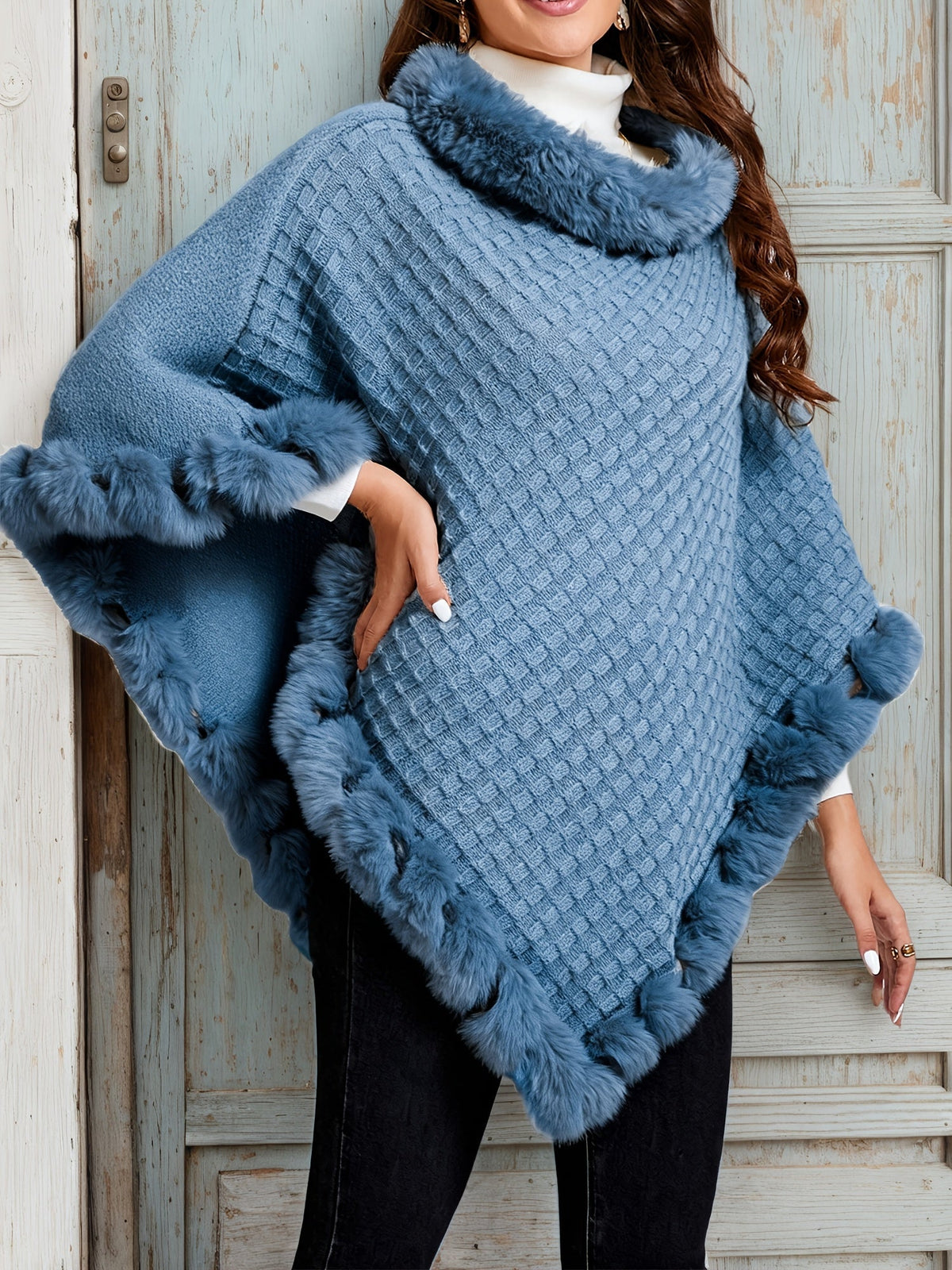 Willow | Fur Trim Knit Winter Wrap Poncho