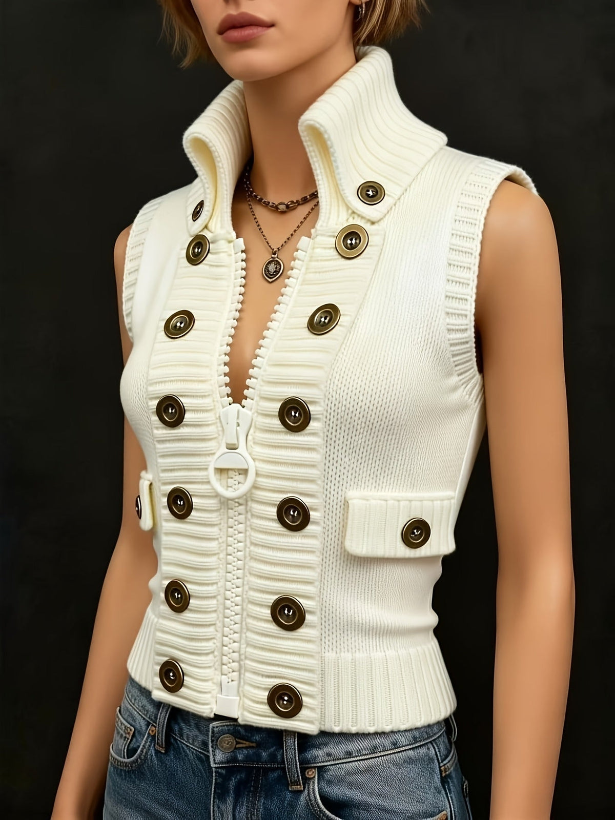 Tessa | High Collar Zip Up Tailored Vest
