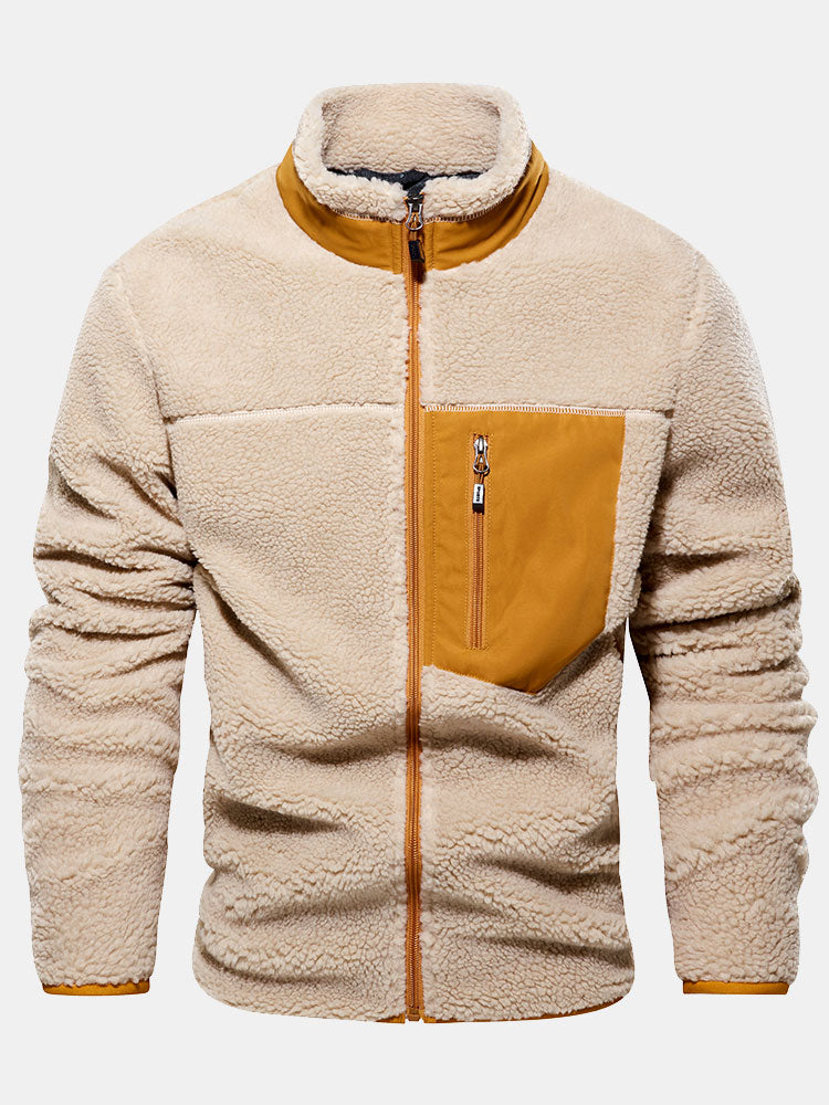 Men's Teddy Fleece Zip-Up Jacket – Warm High Collar Outdoor Layer with Zipped Pockets for Autumn and Winter